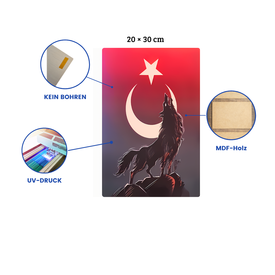 Türkische Flagge mit Wolf Wandbild / Retro Ahsap Poster Duvar Resmi
